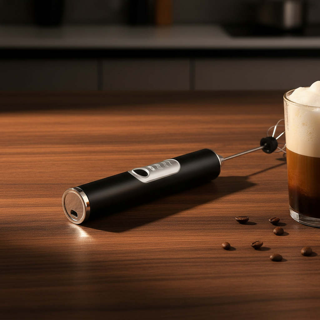 Black handheld electric whisk mixer next to frothed coffee