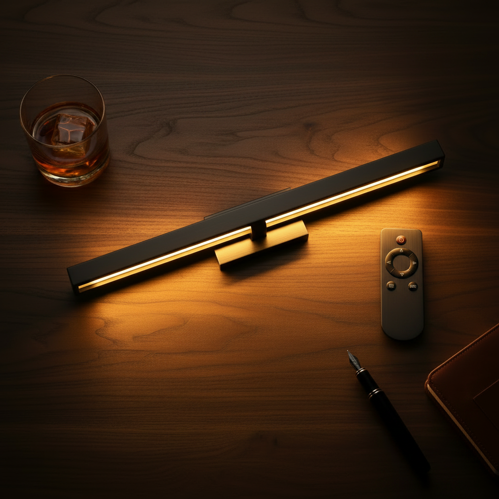 Overhead flat lay of full metal picture light and remote on dark walnut surface