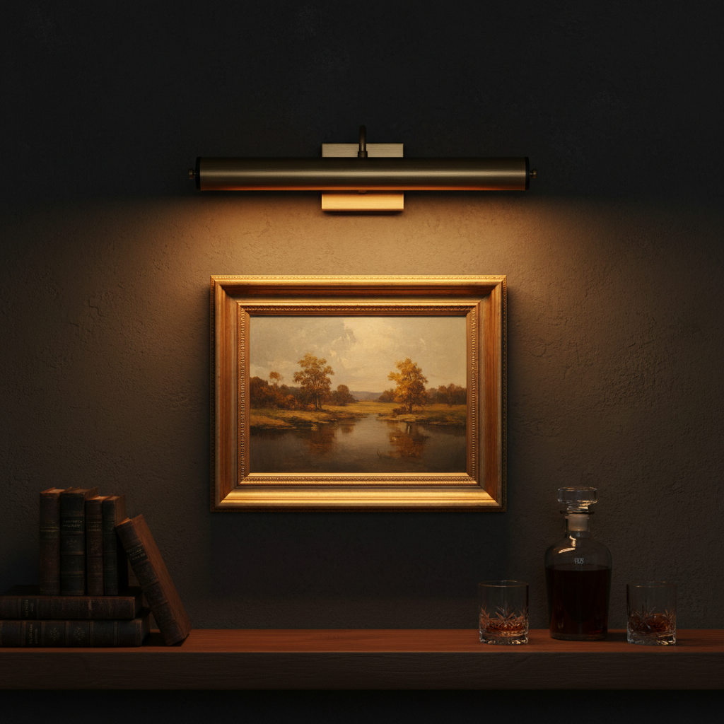Picture light mounted above artwork on dark charcoal wall with warm amber glow