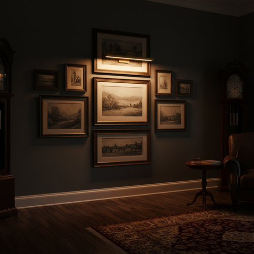 Picture light illuminating a gallery wall with moody bourbon tones