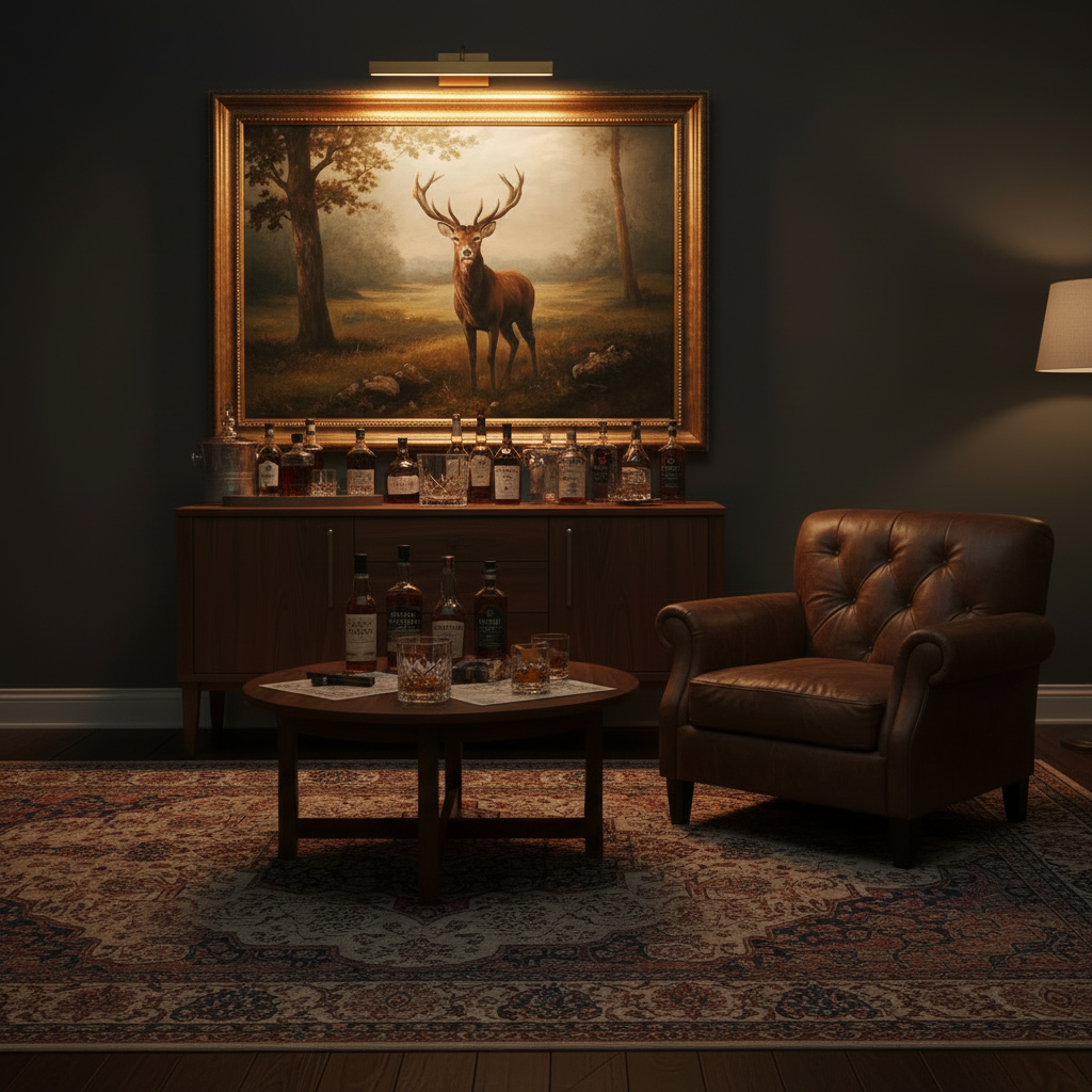 Wide lifestyle shot of picture light casting warm amber glow over large painting in moody living room