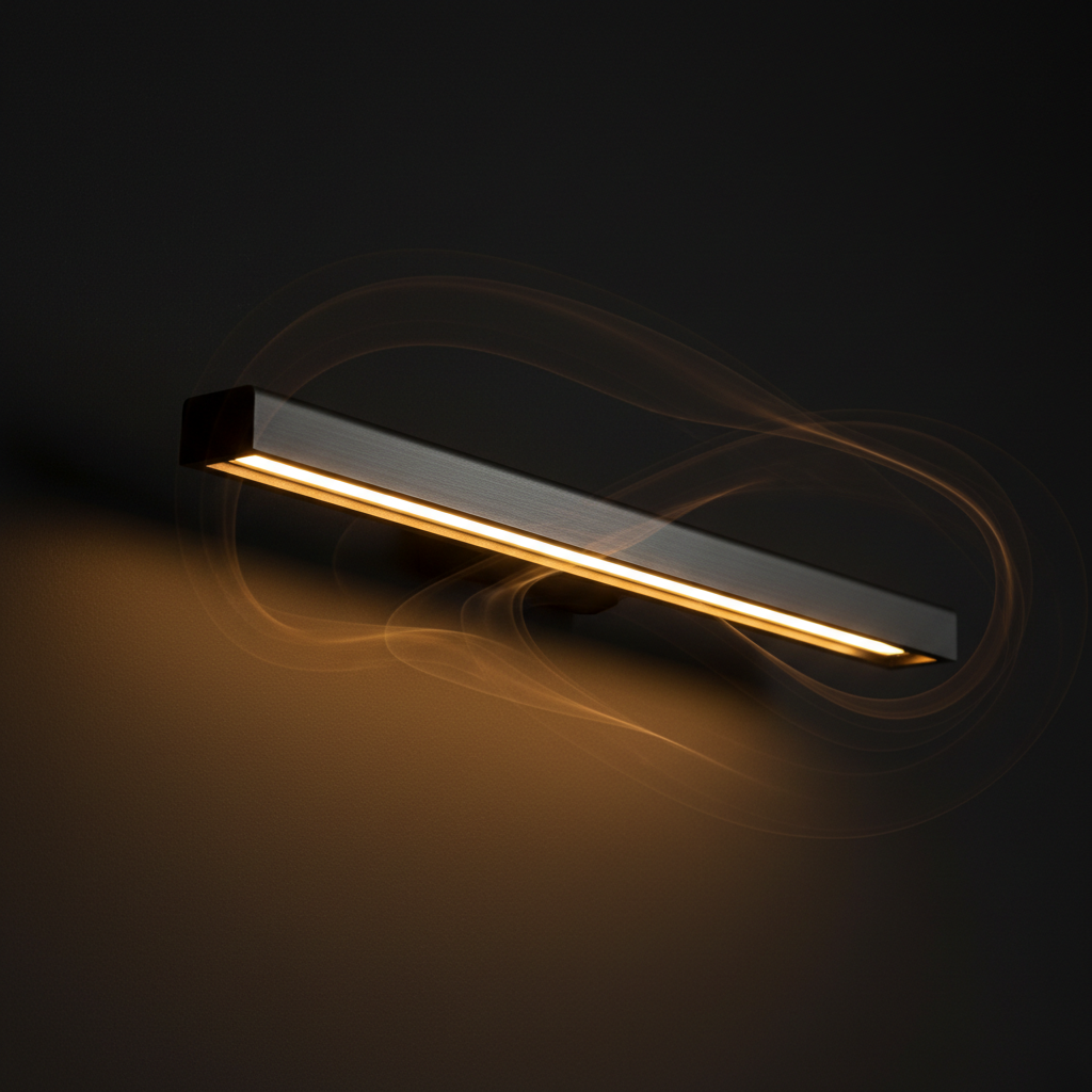 Close-up of full metal rechargeable picture light with dramatic amber lighting