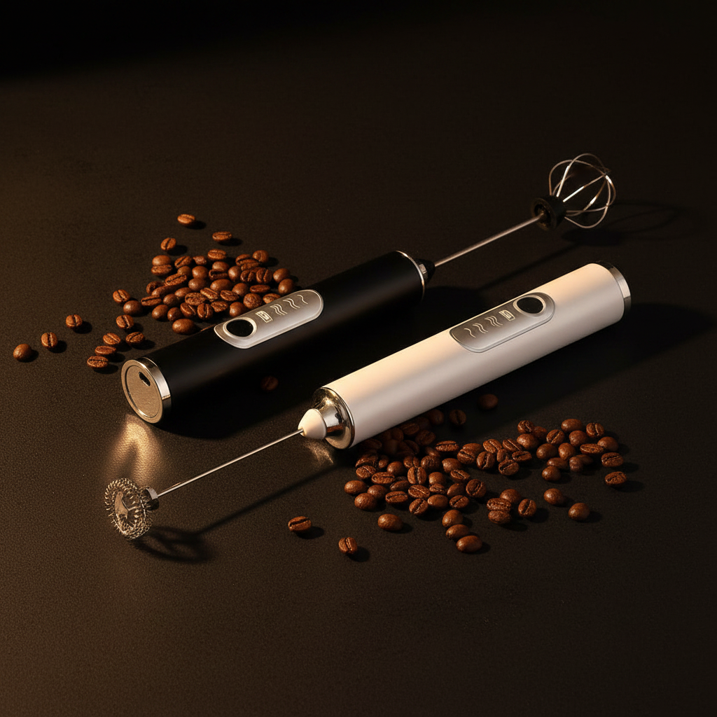 Black and white handheld electric whisk mixer with coffee beans