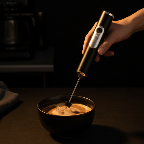 Matte black handheld electric whisk mixer in action