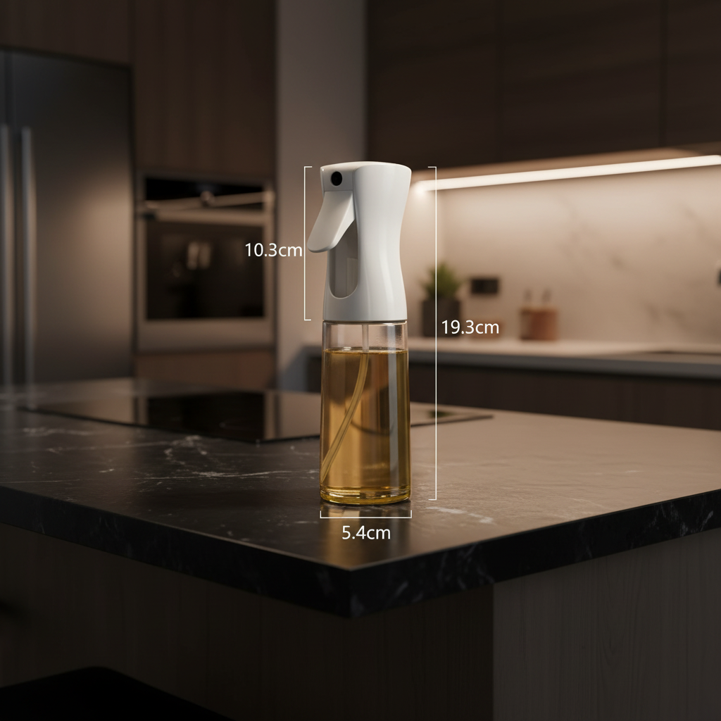 Oil spray on dark stone kitchen island with dimensions